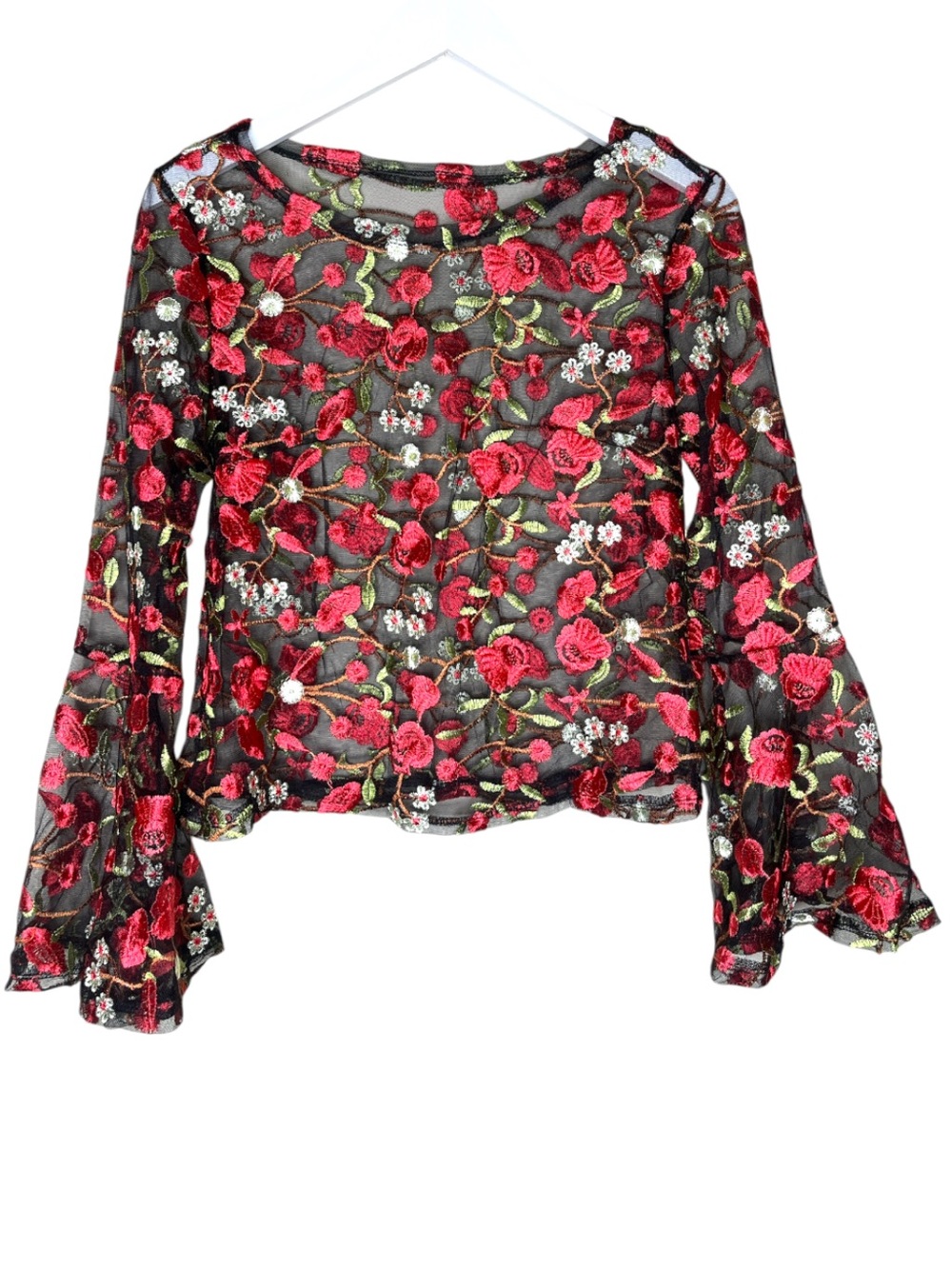 Whimsigoth Black Red Floral Embroidered Mesh Bell Sleeve Semi-Sheer Top M/6